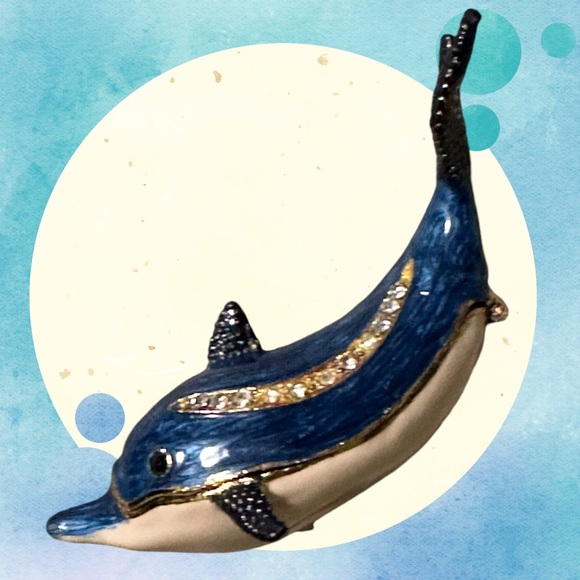 Blue Dolphin Enamel Hinged Magnetic Rhinestone Jewelry Trinket Box 3.5" - Picture 5 of 12